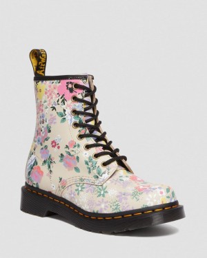 Dr Doc Martens 1460 Floral Mash Up Cuero Encaje Up Boots (Backhand) Beige | UR52-R6FN