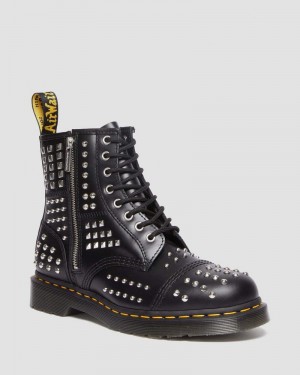 Dr Doc Martens 1460 Studded Zip Atlas Cuero Encaje Up Boots (Atlas) Negros | MG77-Z0WJ