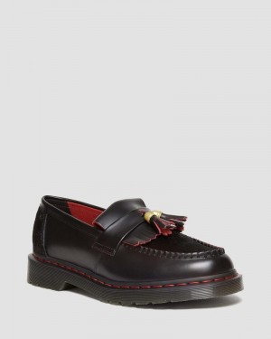 Dr Doc Martens Adrian Year of the Dragon Hair-On Tassel Loafers (Smooth Slice+Hair On) Negros Rojos Negros | SI99-I5UF