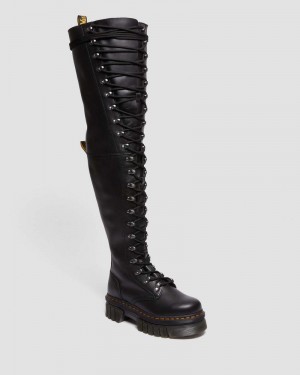 Dr Doc Martens Audrick 22-Eye Extreme Encaje Knee High Plataforma Botos (Nappa Lux) Negros | ZT59-S9UO