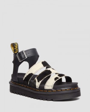 Dr Doc Martens Blaire Hair-On Cow Print Correa Sandals Negros | FE55-Y3RQ