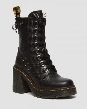 Dr Doc Martens Chesney Piercing Cuero Flared Heel Encaje Up Boots (Milled Nappa) Negros | UD18-I2RE