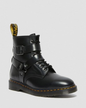 Dr Doc Martens Cristofor Cuero Harness Encaje Up Boots (Polished Smooth) Negros | AK60-A7LM