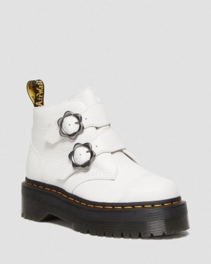 Dr Doc Martens Devon Flower Hebilla Cuero Plataforma Boots (Milled Nappa) Blancos | RD00-N6JQ