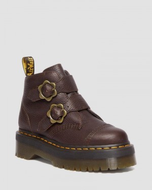 Dr Doc Martens Devon Flower Hebilla Grizzly Cuero Plataforma Boots (Grizzly) Marrom Oscuro | KK60-Q0PM