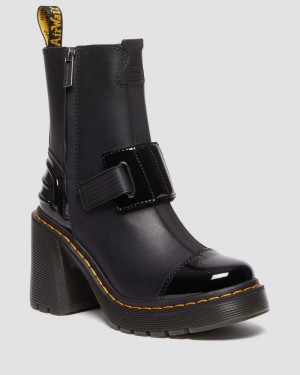 Dr Doc Martens Gaya Alternative Cuero Tacón Chelsea Boots (Sendal + Soft Charol Pu) Negros | IR72-O9KD