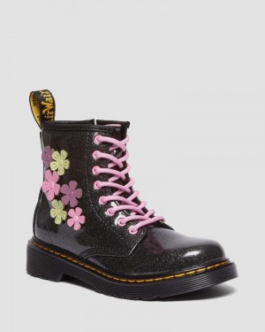 Dr Doc Martens Junior 1460 Glitter & Flower Applique Encaje Up Boots (Coated Glitter Pu+Athena) Negros | QG78-F2EE