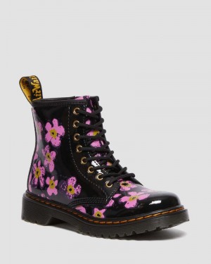 Dr Doc Martens Junior 1460 Pansy Charol Cuero Encaje Up Boots (T Lamper) Negros | SK96-C5GG