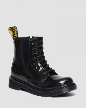 Dr Doc Martens Junior 1460 Rainbow Charol Cuero Encaje Up Boots (Rainbow Charol) Negros | JQ23-U0DJ