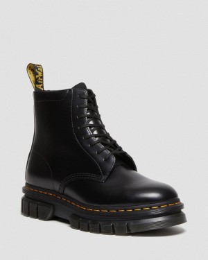 Dr Doc Martens Rikard Smooth Cuero Plataforma Encaje Up Boots (Polished Smooth) Negros | DK76-V9ZP