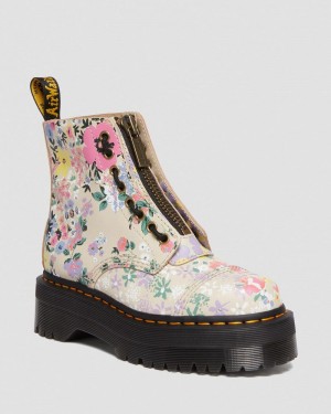 Dr Doc Martens Sinclair Floral Mash Up Cuero Plataforma Boots (Backhand) Beige | GU17-B1WG