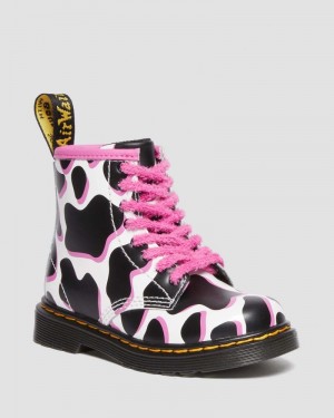 Dr Doc Martens Toddler 1460 Cow Print Charol Cuero Encaje Up Boots (Cow Print Charol Lamper) Blancos | SX96-L2ET