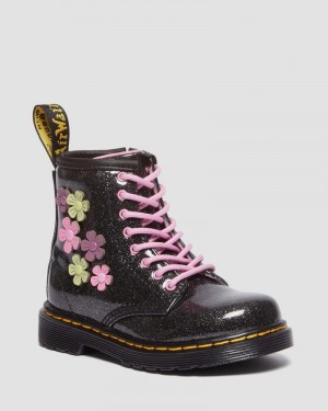 Dr Doc Martens Toddler 1460 Glitter & Flower Applique Encaje Up Boots (Coated Glitter Pu+Athena) Black+Multi | KZ57-F2BY