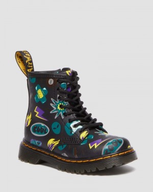 Dr Doc Martens Toddler 1460 Sticker Print Cuero Encaje Up Boots (Sticker Print Hydro) Negros | JV48-E2PG