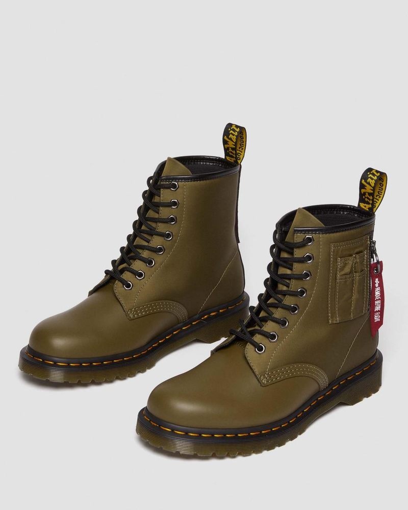 Dr Doc Martens 1460 Ben Alpha Industries Nylon & Cuero Encaje Up Boots Verde Oliva Negros | CV73-R8YQ