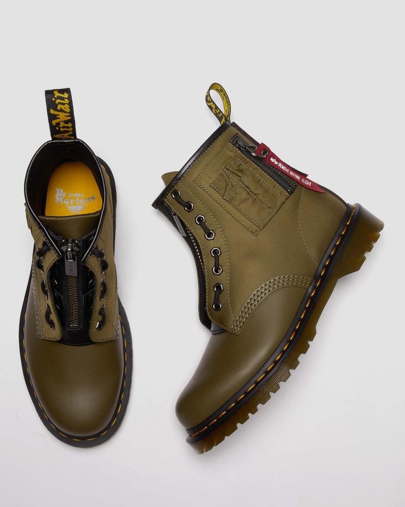 Dr Doc Martens 1460 Ben Alpha Industries Nylon & Cuero Encaje Up Boots Verde Oliva Negros | CV73-R8YQ