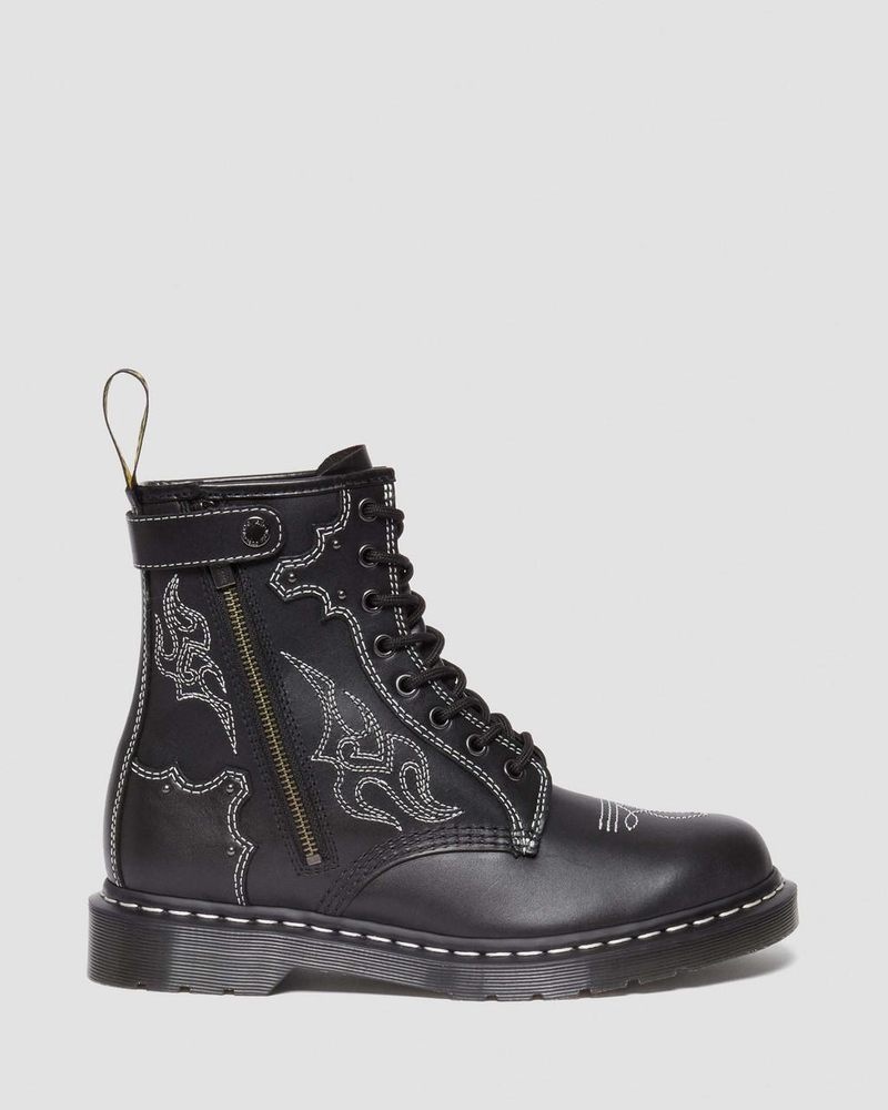 Dr Doc Martens 1460 Gothic Americana Cuero Encaje Up Boots (Wanama) Negros | SN33-Q9SY