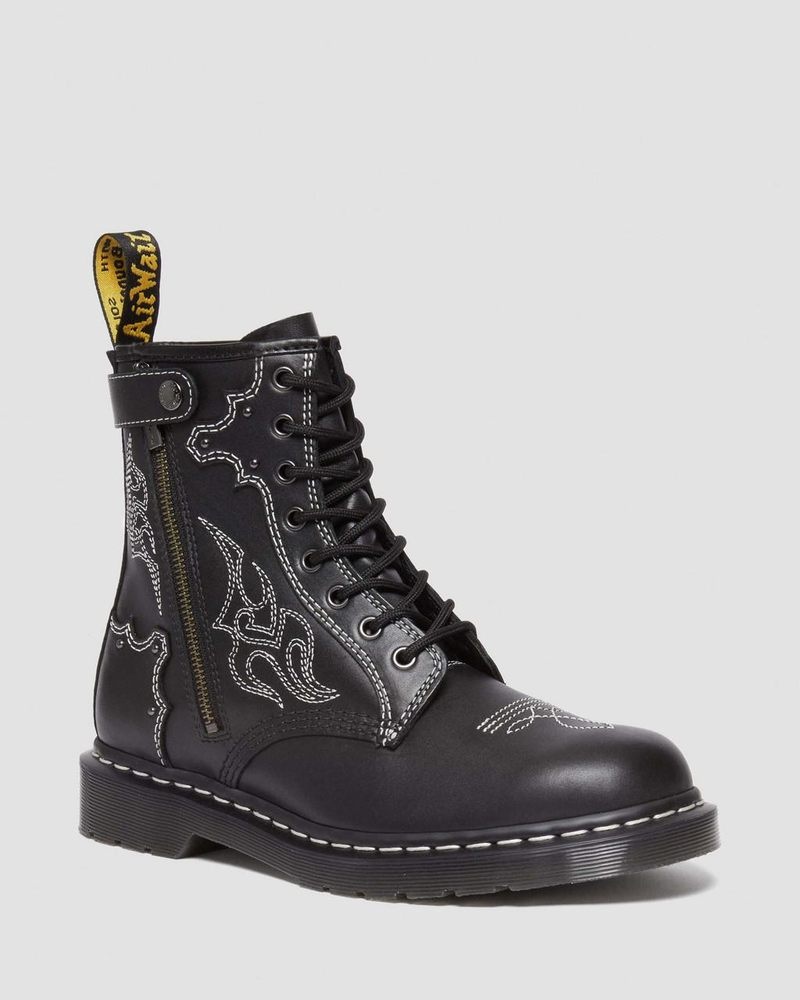 Dr Doc Martens 1460 Gothic Americana Cuero Encaje Up Boots (Wanama) Negros | SN33-Q9SY