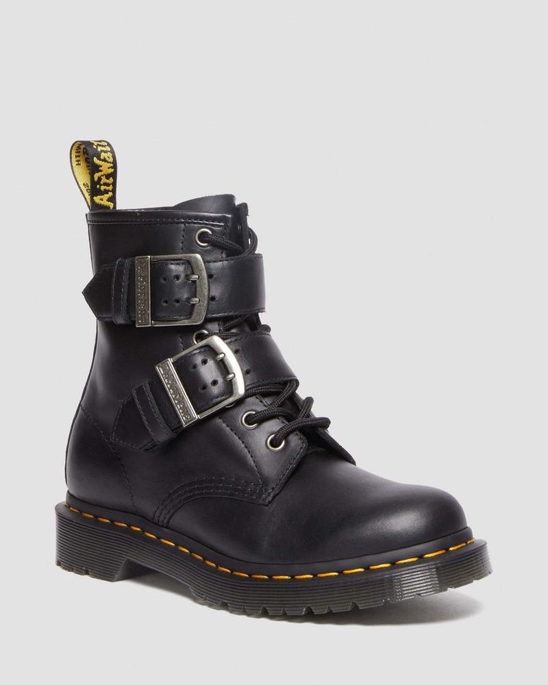 Dr Doc Martens 1460 Hebilla Pull Up Cuero Encaje Up Boots (Pull Up) Negros | MU64-M8EL