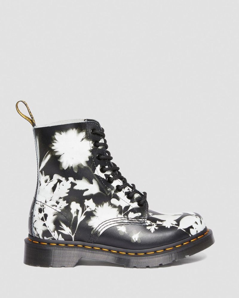 Dr Doc Martens 1460 Pascal Floral Shadow Cuero Encaje Up Boots (Backhand) Negros Blancos | LP90-Y2AM