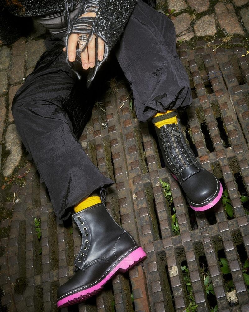 Dr Doc Martens 1460 Pink Sole Wanama Cuero Jungle Zip Boots (Wanama) Negros | FT55-V4NC