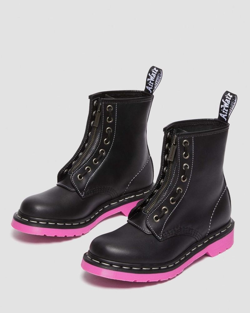 Dr Doc Martens 1460 Pink Sole Wanama Cuero Jungle Zip Boots (Wanama) Negros | FT55-V4NC