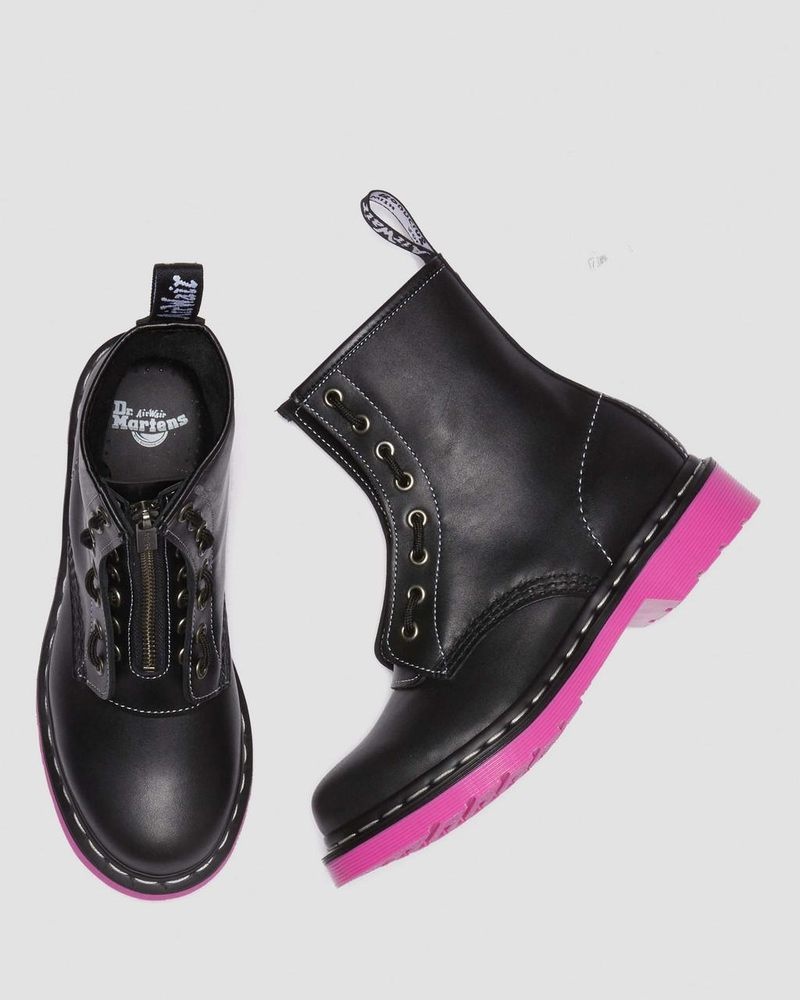 Dr Doc Martens 1460 Pink Sole Wanama Cuero Jungle Zip Boots (Wanama) Negros | FT55-V4NC