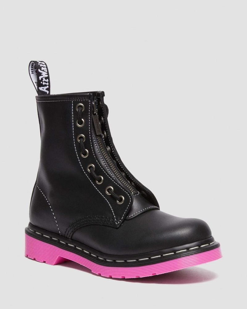 Dr Doc Martens 1460 Pink Sole Wanama Cuero Jungle Zip Boots (Wanama) Negros | FT55-V4NC