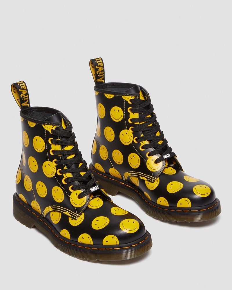 Dr Doc Martens 1460 Smiley® Smooth Cuero Encaje Up Boots (Smooth Cuero) Negros | GC01-L2MD