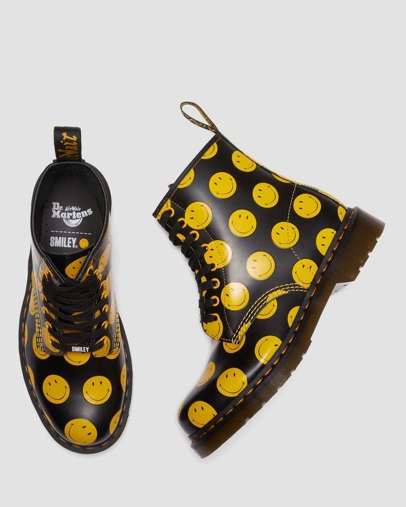 Dr Doc Martens 1460 Smiley® Smooth Cuero Encaje Up Boots (Smooth Cuero) Negros | GC01-L2MD