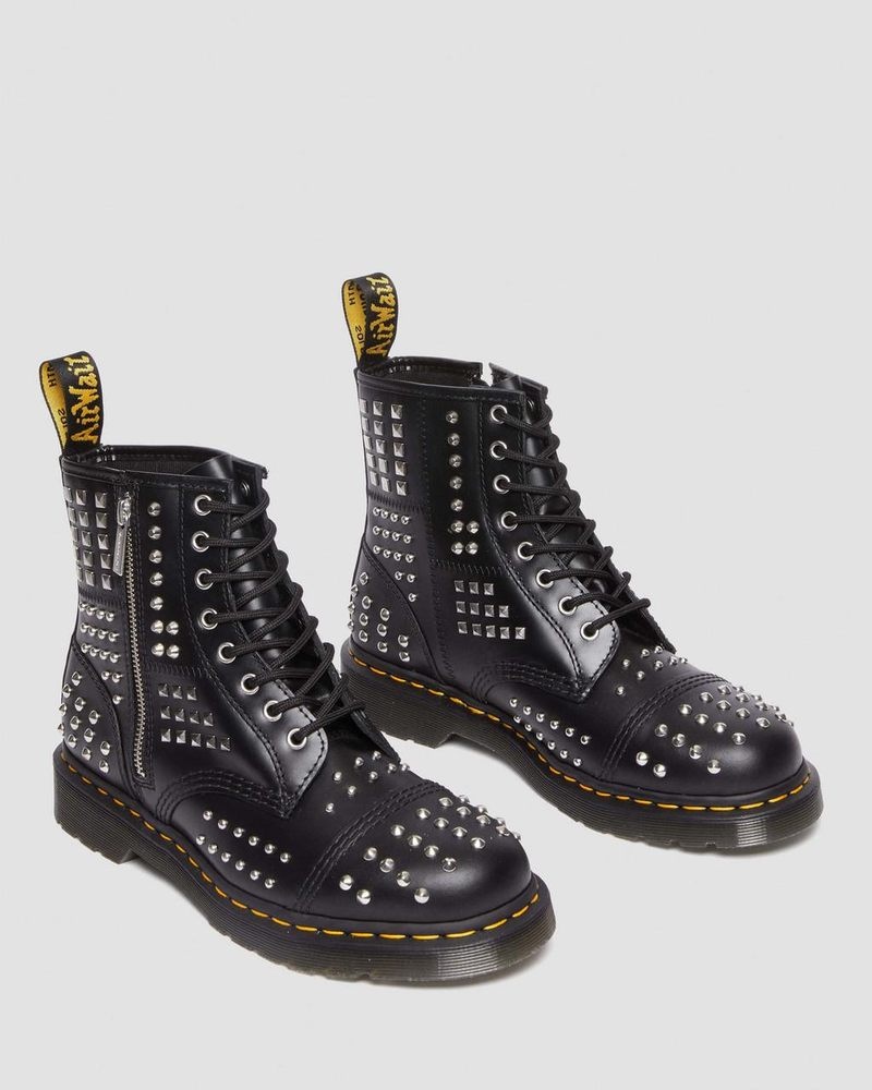 Dr Doc Martens 1460 Studded Zip Atlas Cuero Encaje Up Boots (Atlas) Negros | DN59-R8DD