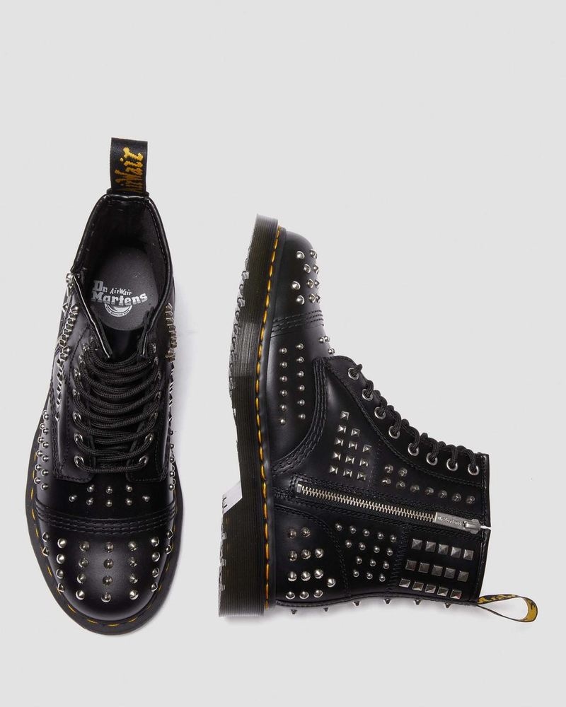 Dr Doc Martens 1460 Studded Zip Atlas Cuero Encaje Up Boots (Atlas) Negros | DN59-R8DD