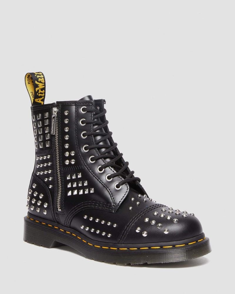 Dr Doc Martens 1460 Studded Zip Atlas Cuero Encaje Up Boots (Atlas) Negros | DN59-R8DD