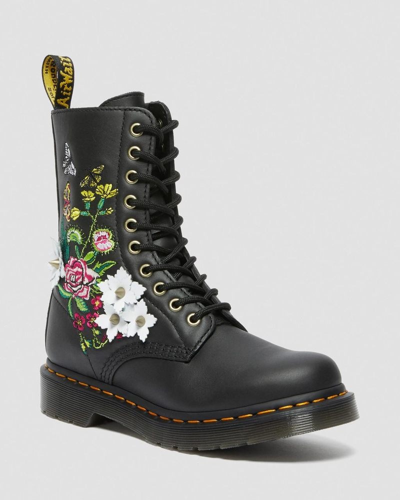 Dr Doc Martens 1490 Floral Bloom Cuero Mid-Calf Boots (Nappa Cuero) Negros | RL83-K0FJ