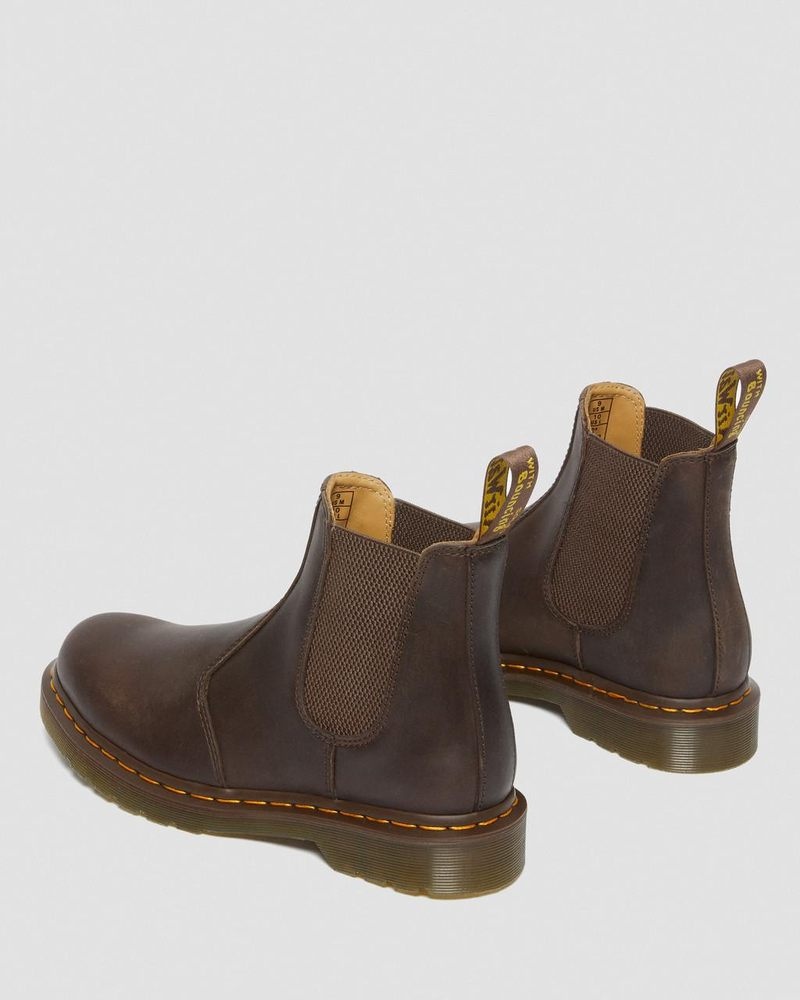 Dr Doc Martens 2976 Yellow Stitch Crazy Horse Cuero Chelsea Boots (Crazy Horse) Marrom Oscuro | LR73-N1PF