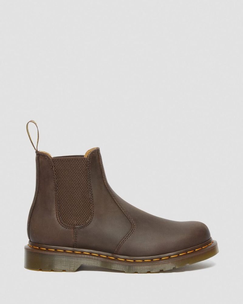 Dr Doc Martens 2976 Yellow Stitch Crazy Horse Cuero Chelsea Boots (Crazy Horse) Marrom Oscuro | LR73-N1PF