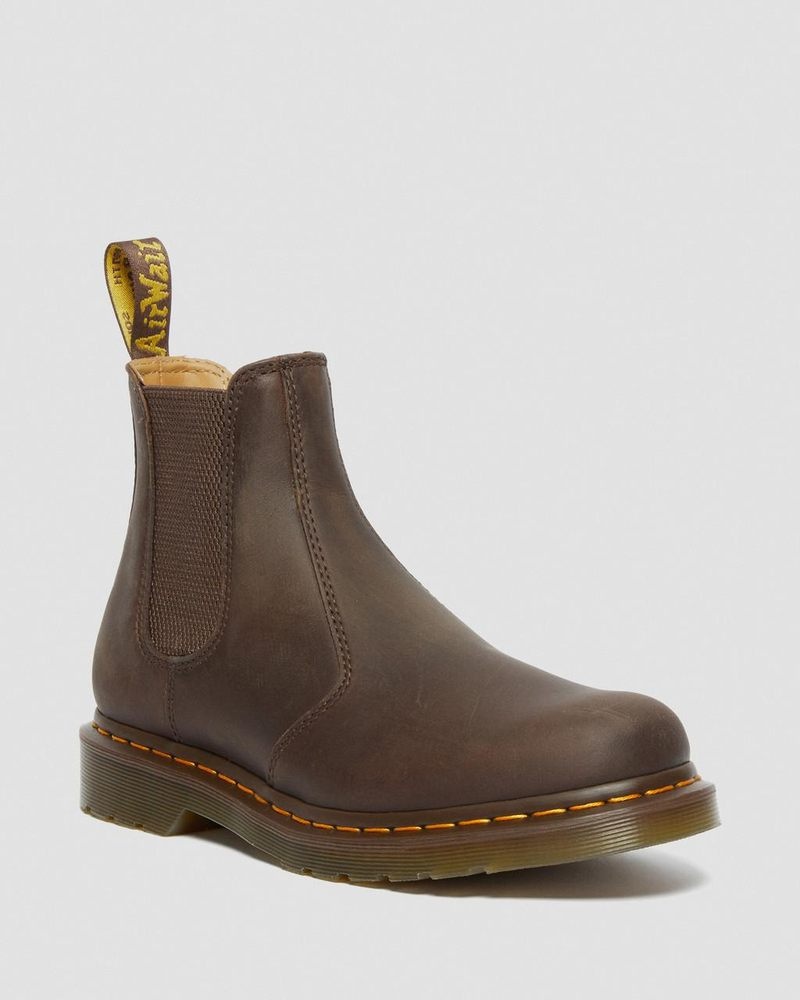 Dr Doc Martens 2976 Yellow Stitch Crazy Horse Cuero Chelsea Boots (Crazy Horse) Marrom Oscuro | LR73-N1PF