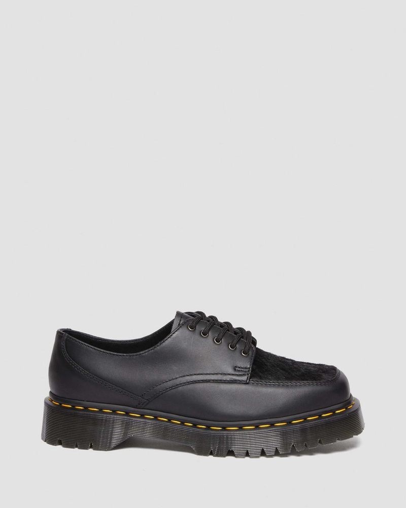 Dr Doc Martens 5-Eye Bex Square Puntera Hair-On & Cuero Shoes (Lucido + Hair On) Negros | IH95-D6XV