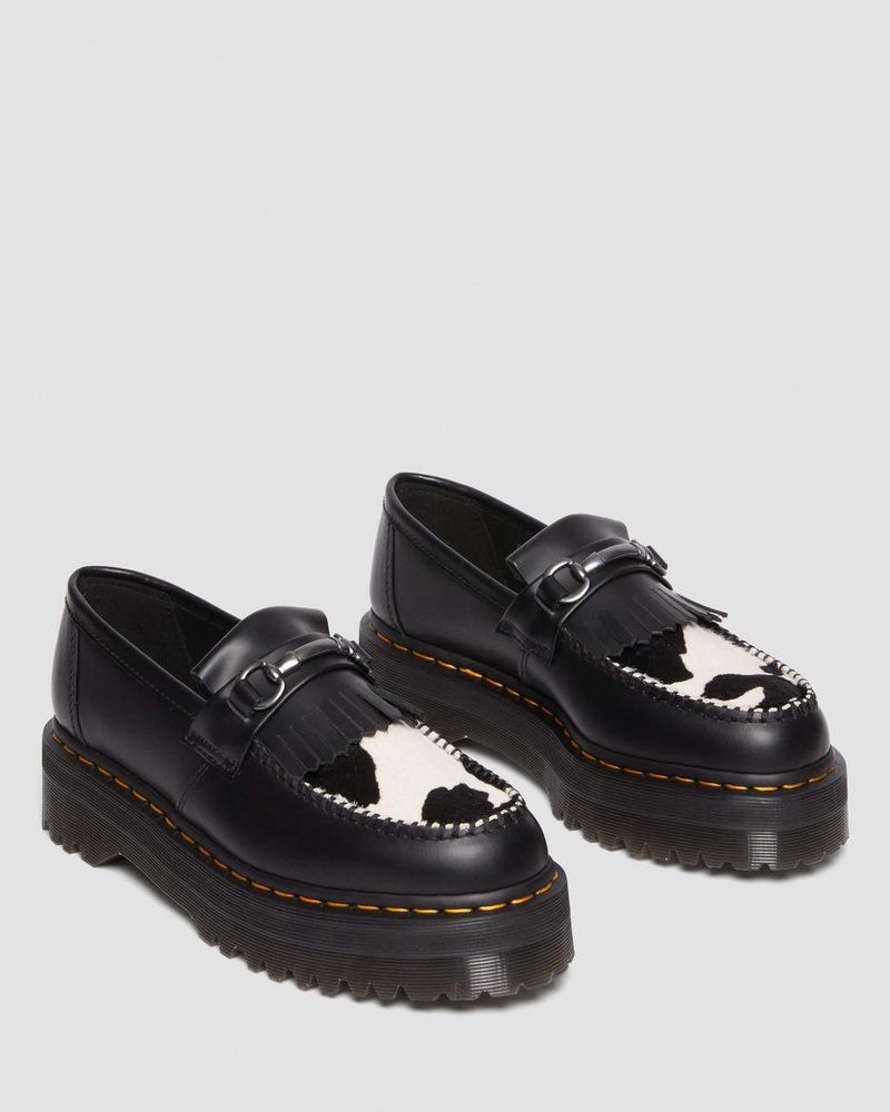 Dr Doc Martens Adrian Snaffle Hair On & Cuero Cow Print Kiltie Loafers (Smooth+Hair On) Negros | SH83-F6QI