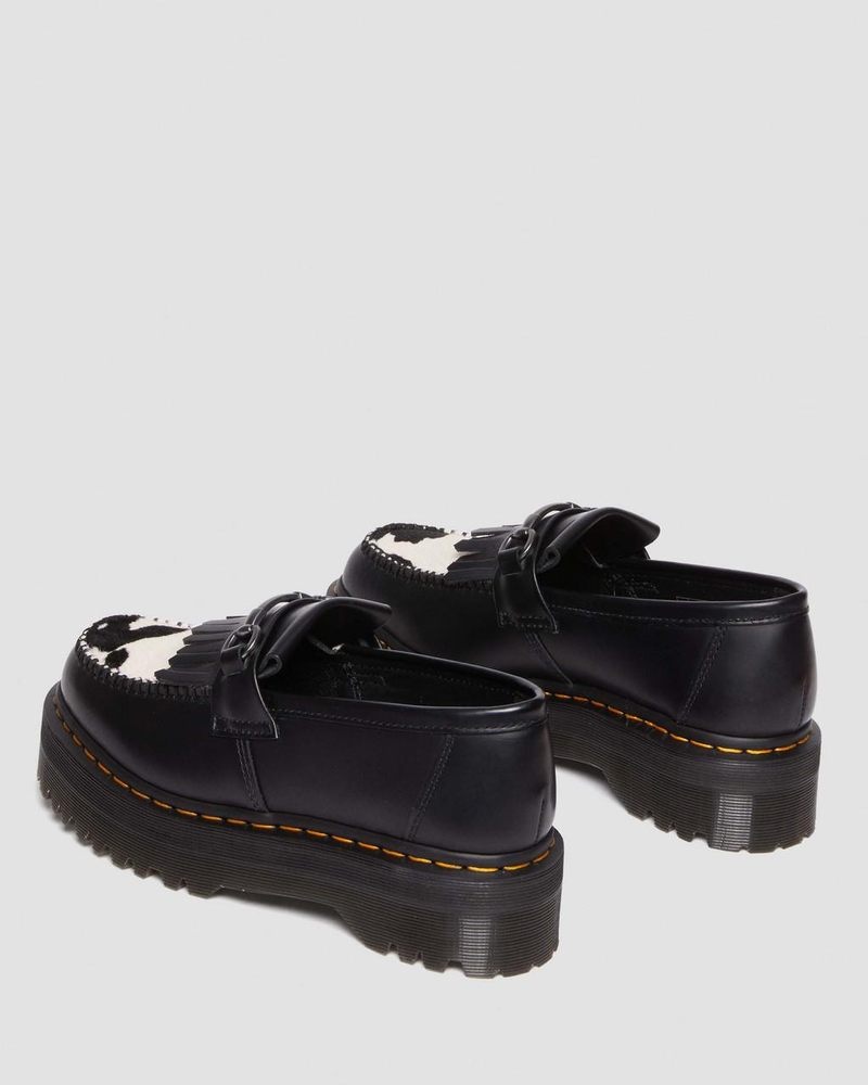 Dr Doc Martens Adrian Snaffle Hair On & Cuero Cow Print Kiltie Loafers (Smooth+Hair On) Negros | SH83-F6QI