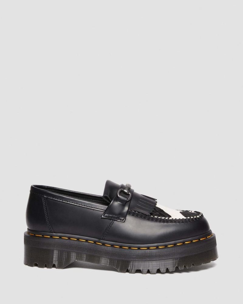 Dr Doc Martens Adrian Snaffle Hair On & Cuero Cow Print Kiltie Loafers (Smooth+Hair On) Negros | SH83-F6QI