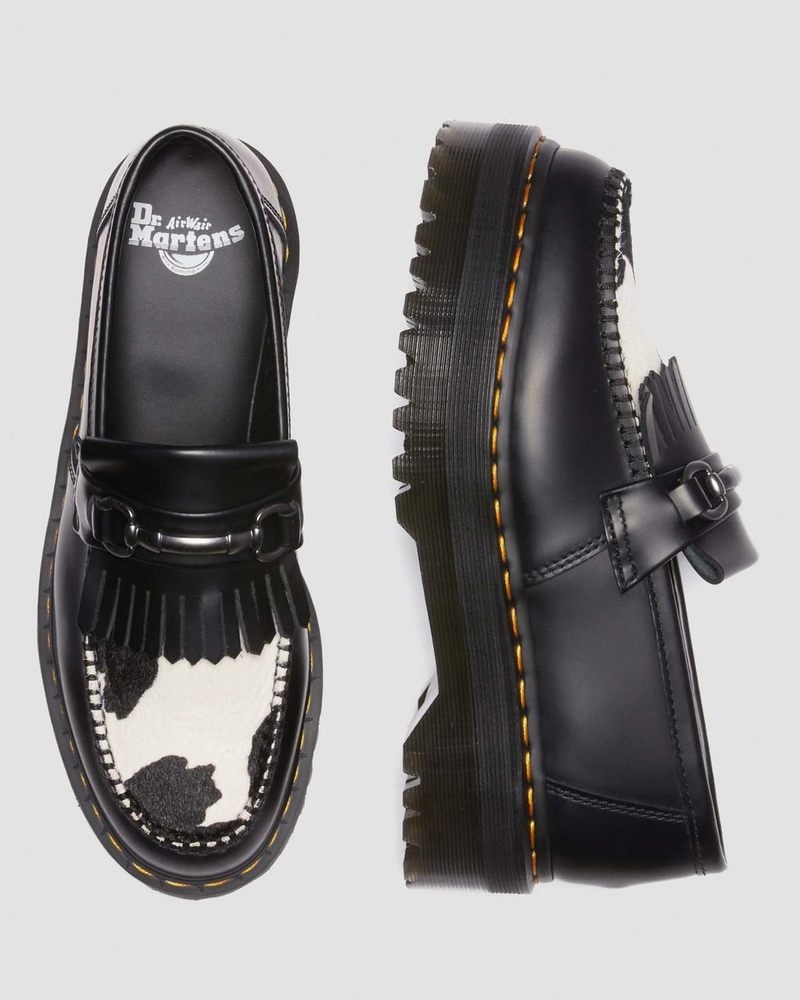 Dr Doc Martens Adrian Snaffle Hair On & Cuero Cow Print Kiltie Loafers (Smooth+Hair On) Negros | SH83-F6QI