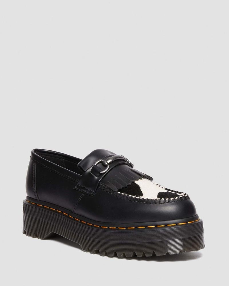 Dr Doc Martens Adrian Snaffle Hair On & Cuero Cow Print Kiltie Loafers (Smooth+Hair On) Negros | SH83-F6QI