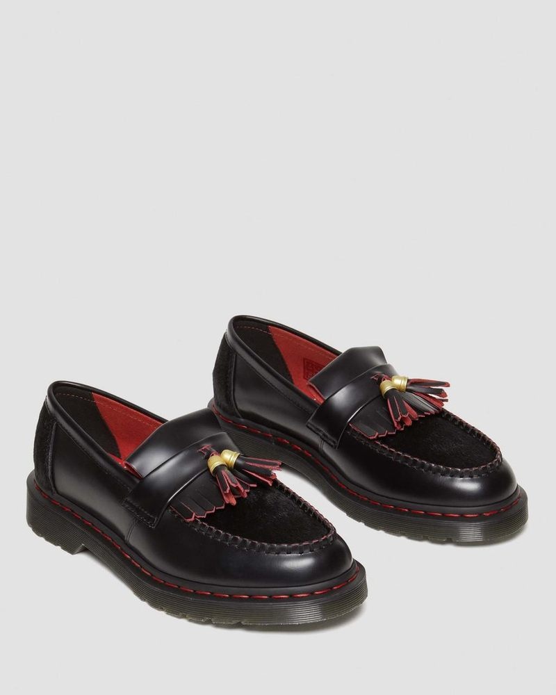 Dr Doc Martens Adrian Year of the Dragon Hair-On Tassel Loafers (Smooth Slice+Hair On) Negros Rojos Negros | SI99-I5UF