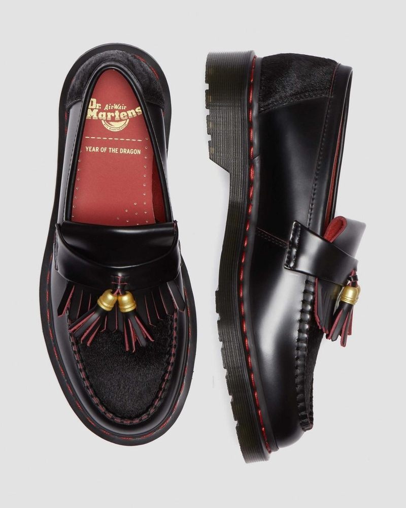 Dr Doc Martens Adrian Year of the Dragon Hair-On Tassel Loafers (Smooth Slice+Hair On) Negros Rojos Negros | SI99-I5UF