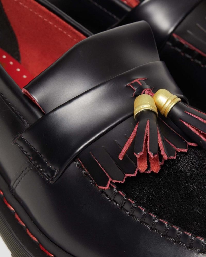 Dr Doc Martens Adrian Year of the Dragon Hair-On Tassel Loafers (Smooth Slice+Hair On) Black/Red/Black | TF38-W4IN