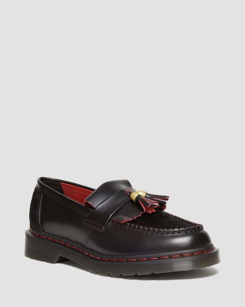 Dr Doc Martens Adrian Year of the Dragon Hair-On Tassel Loafers (Smooth Slice+Hair On) Black/Red/Black | TF38-W4IN