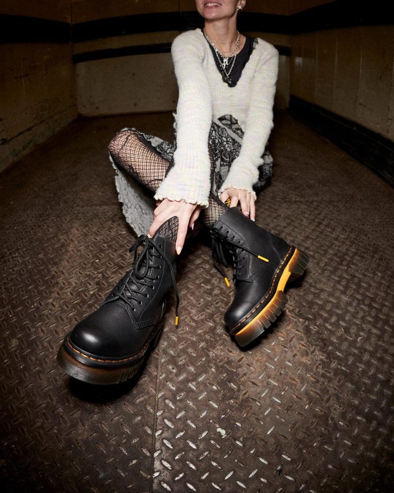 Dr Doc Martens Audrick Contrast Sole Cuero Plataforma Ankle Boots (Polished Lucido) Negros | BG17-M3CF