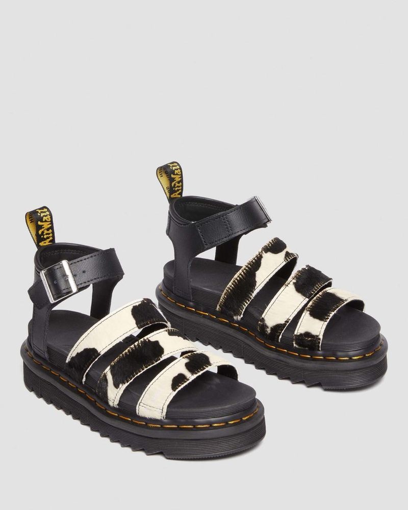 Dr Doc Martens Blaire Hair-On Cow Print Correa Sandals Negros | FE55-Y3RQ