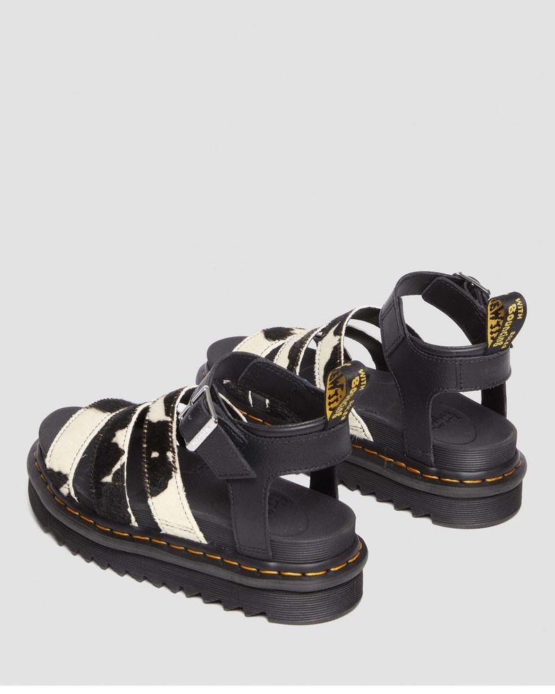 Dr Doc Martens Blaire Hair-On Cow Print Correa Sandals Negros | FE55-Y3RQ